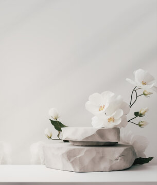 Stone podium for product display with white flowers. Gray showcase mockup