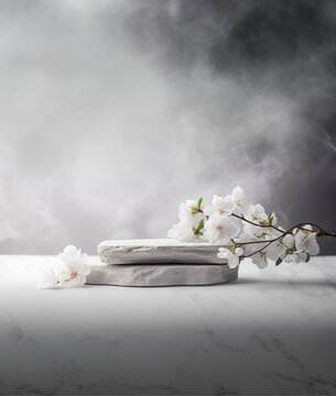 Stone podium for product display with white flowers. Gray showcase mockup