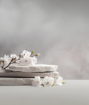 Stone podium for product display with white flowers. Gray showcase mockup
