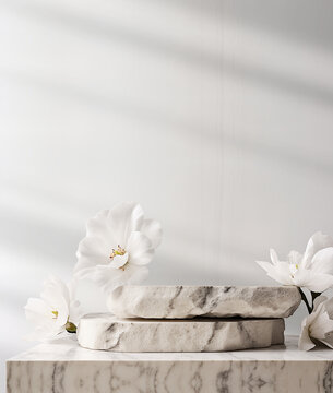 Stone podium for product display with white flowers. Gray showcase mockup