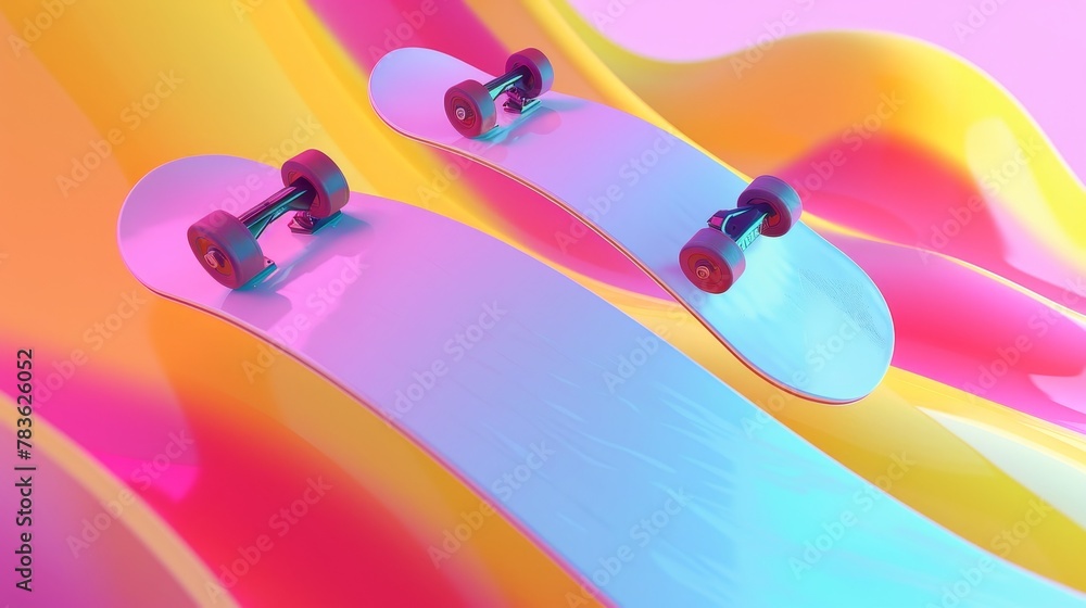 Poster snowboard and halfpipe in a vibrant colorway 3d style isolated flying objects memphis style 3d rende