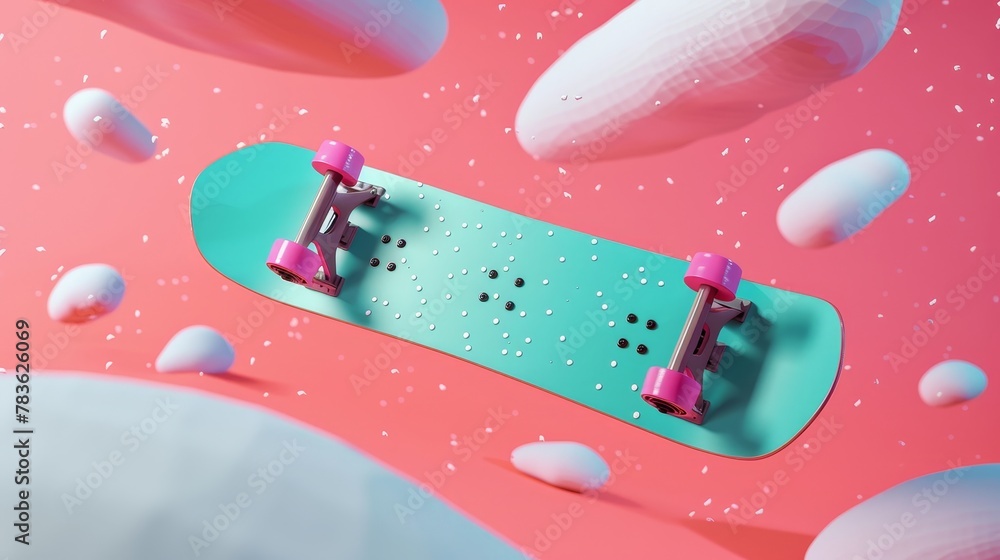 Poster snowboard and halfpipe in a vibrant colorway 3d style isolated flying objects memphis style 3d rende