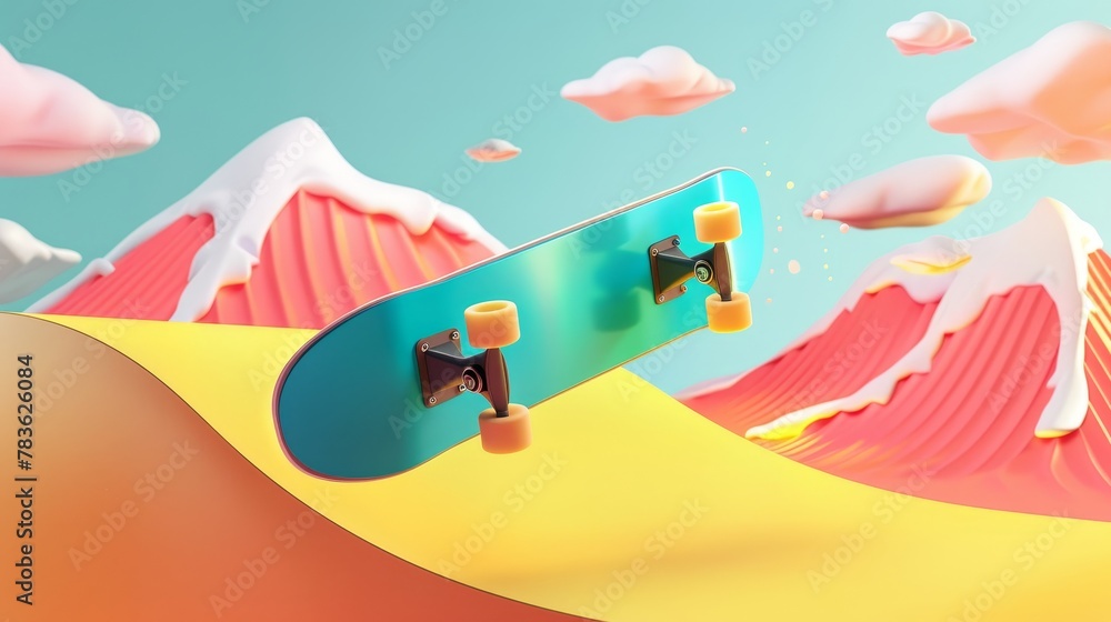 Poster snowboard and halfpipe in a vibrant colorway 3d style isolated flying objects memphis style 3d rende
