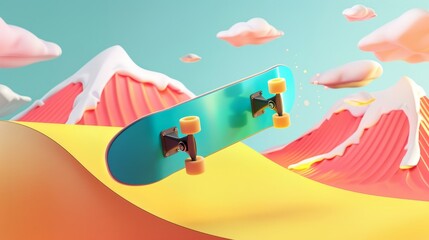 Snowboard and halfpipe in a vibrant colorway 3d style isolated flying objects memphis style 3d render  AI generated illustration