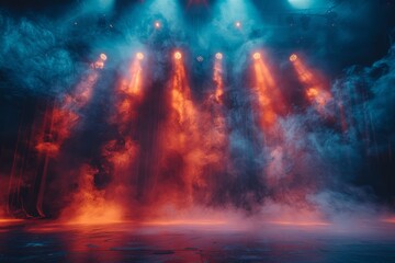 This image captures the intensely dramatic atmosphere of a theatrical stage, enshrouded in red smoke with powerful beams of light