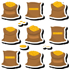 Illustration on theme big colored set different types bags, full sack of coins