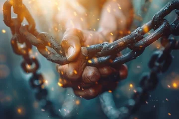 Foto op Plexiglas Close-up image capturing the moment of human hands breaking metallic chains with sparks flying, symbolizing liberation © Larisa AI