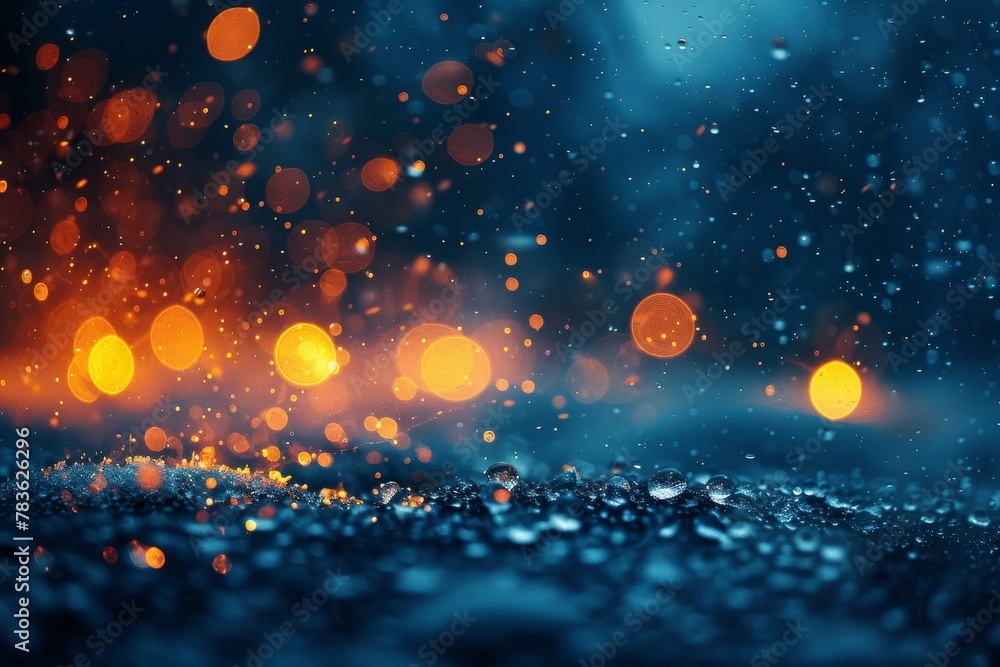 Poster abstract macro photography of raindrops with circular bokeh lights creating artistic rainy night sce