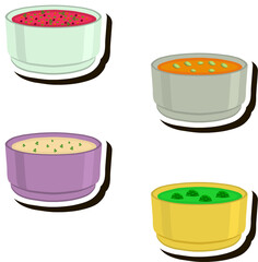 Illustration on theme big set various types beautiful tasty edible hot homemade soups