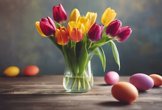 AI generated illustration of colorful tulips and Easter eggs in a vase on a table