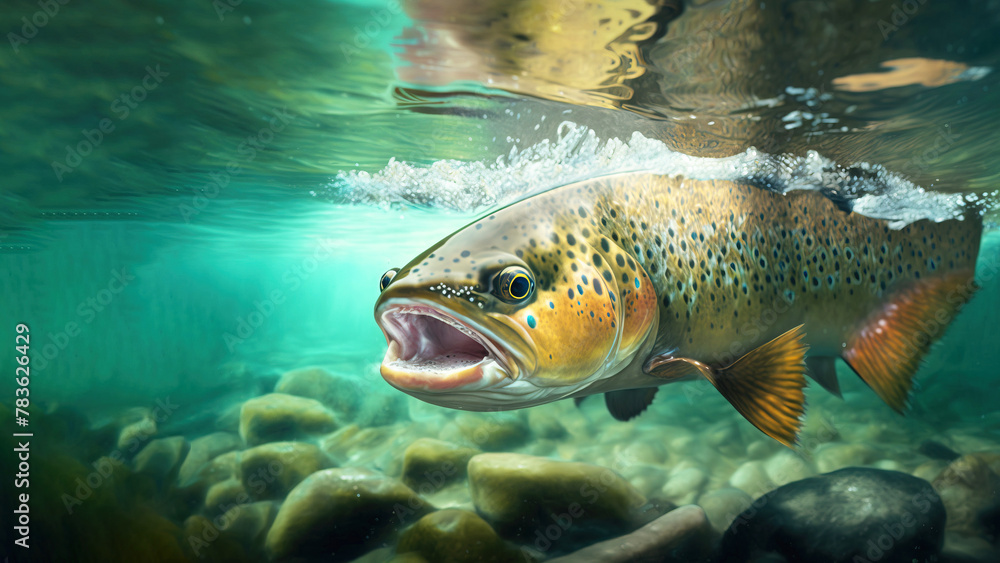 Wall mural Live trout in the natural environment, in the sea background of waves and stones. AI generated.