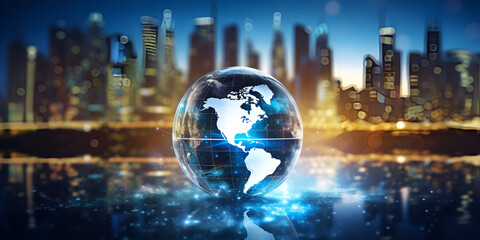  Globe symbolizes international business and communication on Earth, Blurred background highlights a double exposure of financial market and investment graph Vertical Mobile Wallpaper   