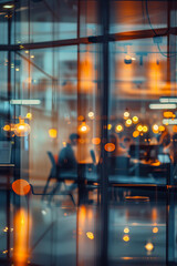 Fototapeta premium Business team meeting in a modern office, captured through a glass window with reflections of people and lights, blured bisiness background