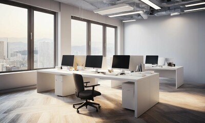 white wood office desk, close up, cubic office, computer, perspective, modern, simple, photo-realistic, 8K, high-definition
