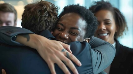 A business team saying goodbye to a departing member, their faces filled with sadness and good wishes. The departing member is hugging their colleagues, and the room is filled with tears and laughter.