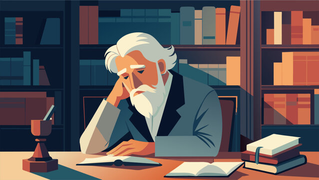 An aged poet his silver hair pulled back in a loose ponytail sitting at a cluttered desk in a quaint library lost in thought as he composes