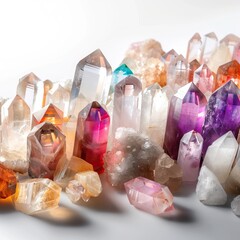 A pile of colorful crystals on a white background