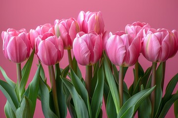 Close up of a bunch of pink tulips with vivid petals and green stems, showcased against a vibrant pink backdrop