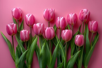 A bunch of pink tulips arranged neatly against a vivid pink backdrop captures simplicity and elegance