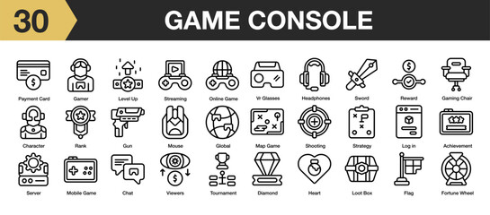 Set of 30 game console icon set. Includes gun, rank, server, reward, gamer, diamond, sword, and More. Outline icons vector collection.