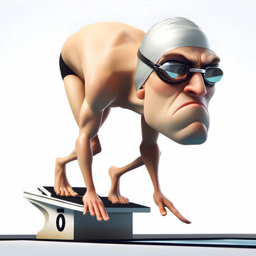 Exaggerated Swimmer: Humorous 3D Caricature at Starting Block, Starting Block Scene: Humorous 3D Caricature of Swimmer, Humorous Swimming Character: 3D Caricature at Start Line