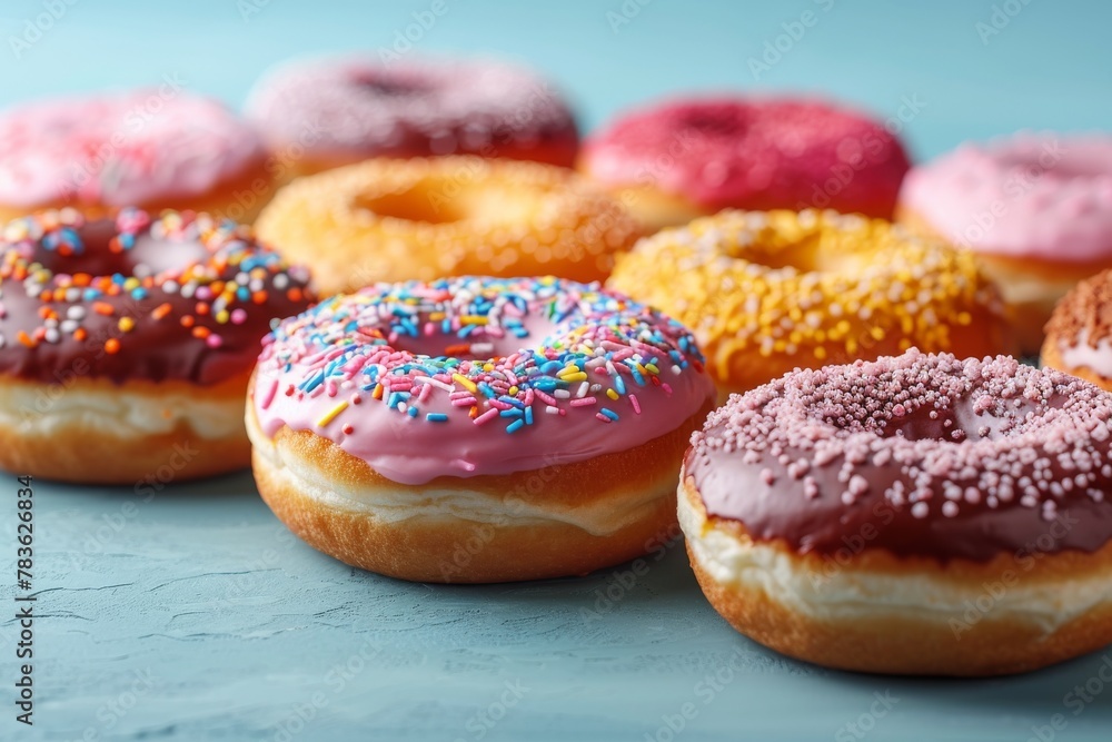 Poster a delectable close-up showcasing a selection of donuts covered in different frostings and sprinkles 