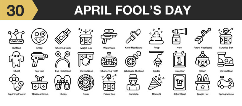 Set of 30 april fool's day icon set. Includes horn, shoes, spider, toy gun, ghost, clown and More. Outline icons vector collection.
