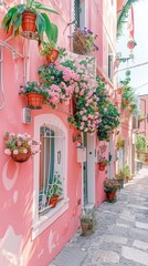 Fototapeta na wymiar Soft pastel colors on a pink background evoke the charm of an Italian summer AI generated illustration
