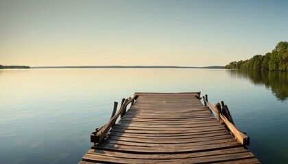 Calm waters and clear skies viewed from the perspective of a rustic wooden pier extending into a tranquil lake