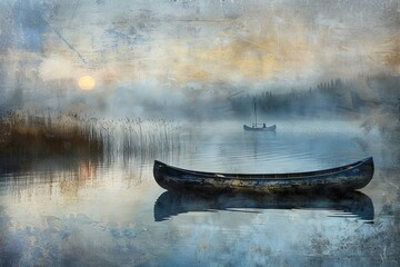 Tranquil Dawn Scene by the Lakeside with Canoe and Mist, Capturing the Essence of Serenity and Solitude.