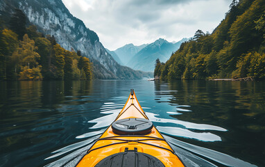 Kayaker Paddling on Calm Lake, Scenic Mountain Backdrop - outdoor adventure, mountain lake kayaking, tranquil nature scene. - obrazy, fototapety, plakaty