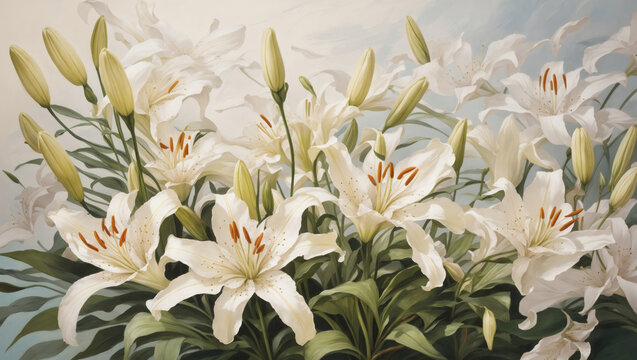 Serene floral background showcasing elegant lilies swaying in a gentle breeze, painted with meticulous detail in oil.