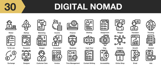 Set of 30 digital nomad icon set. Includes ads, content, network, online shop, marketing, finance, and More. Outline icons vector collection.