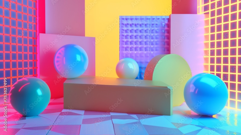 Aufkleber striking colors juxtaposed against a neon background 3d style isolated flying objects memphis style 