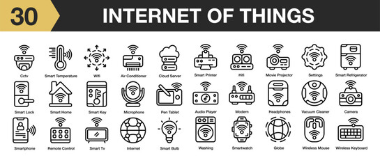 Set of 30 internet of things icon set. Includes hifi, internet, setting, smart tv, wifi, washing, and More. Outline icons vector collection.