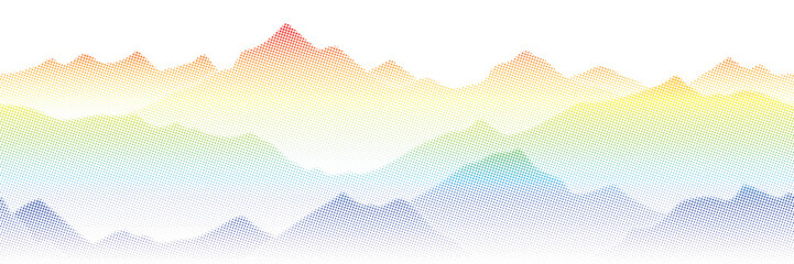 Mountain ranges, fading dot, rainbow colors, seamless border, vector background, minimalism	 - obrazy, fototapety, plakaty