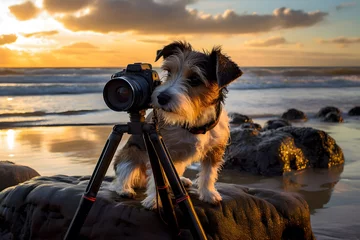 Deurstickers AI generated illustration of a dog with a camera standing on a rocky hill overlooking the ocean © Wirestock