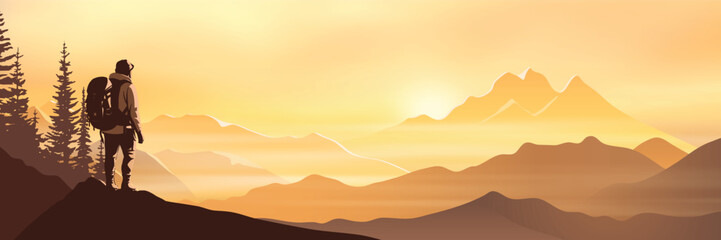 Obraz premium A tourist meets the sunrise in the mountains, hiking, adventure tourism and travel, vector illustration