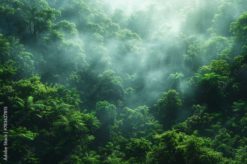 Poster an enchanting view of sunbeams filtering through the dense green foliage of a pristine forest, creat