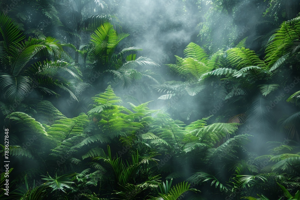 Poster a mesmerizing display of thick forest ferns veiled in a soft, mysterious fog with dappled sunlight p