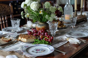 Fototapeta premium Traditional Passover Seder Table Setting with Ceremonial Plate and Symbolic Foods, Reflecting Rich Cultural Heritage and Celebration of Freedom.