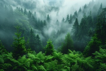 A serene vista of vibrant ferns stretching beneath a soft canopy of mist-enveloped pine trees in a tranquil forest - obrazy, fototapety, plakaty