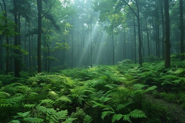 Fototapeta na wymiar A captivating scene of delicate sunbeams slicing through the fog to reveal a dense forest of ferns, emanating peace and stillness
