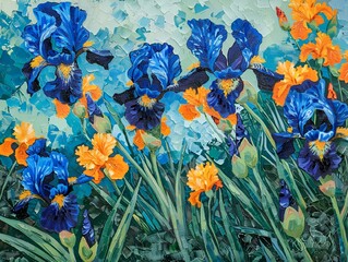 AI generated illustration of vibrant blue and orange irises in sunlight, painted with oils