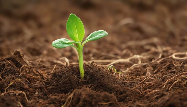 A young green plant emerges from a mound of dark, fertile soil, signifying new life and growth.