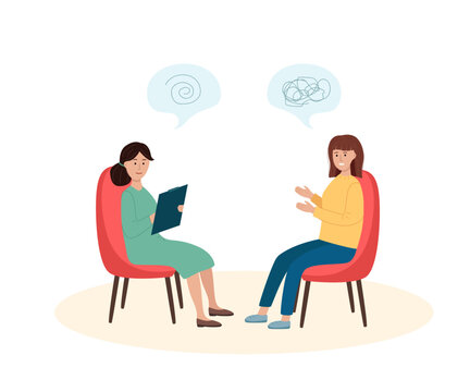 Psychotherapy, a girl at a psychologist's appointment. Vector illustration of a flat style, the concept of treating depression or psychological problems.