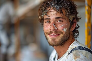 Obraz premium Handsome young man with a joyful expression, covered in white paint splashes, resting at a construction site