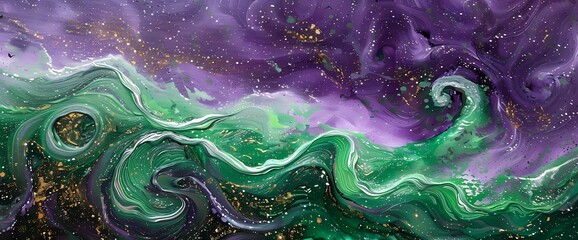 Emerald wisps swirling gracefully over a hypnotic tapestry of royal purple hues.