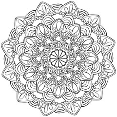 Zen mandala with drops and circles, intricate coloring page for kids creativity