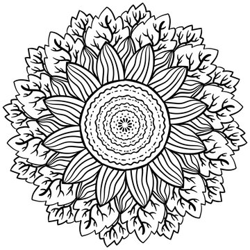 Mandala sunflower with leaves, fantasy coloring page for kids activity
